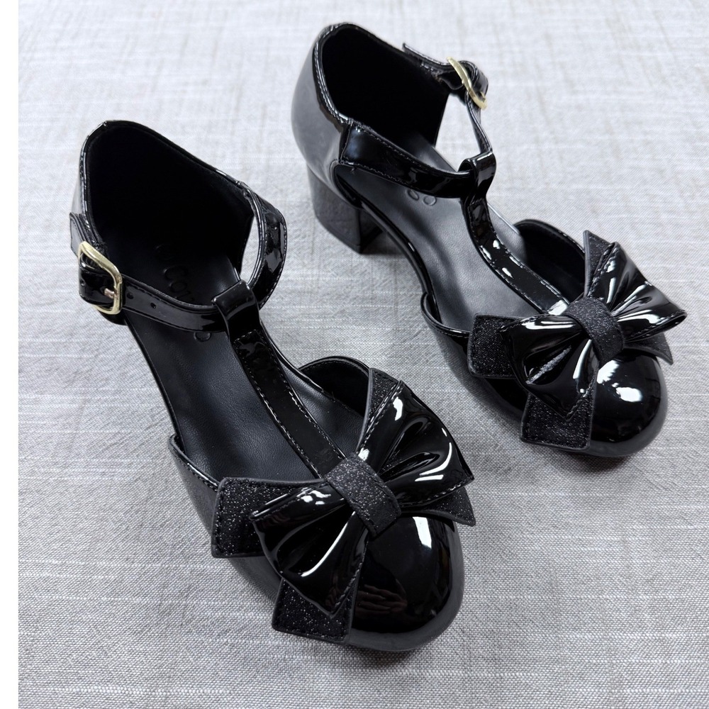 Coutgo Girls Black Patent Mary Jane T-Strap Dress Shoes Low Heel Bow Size 13